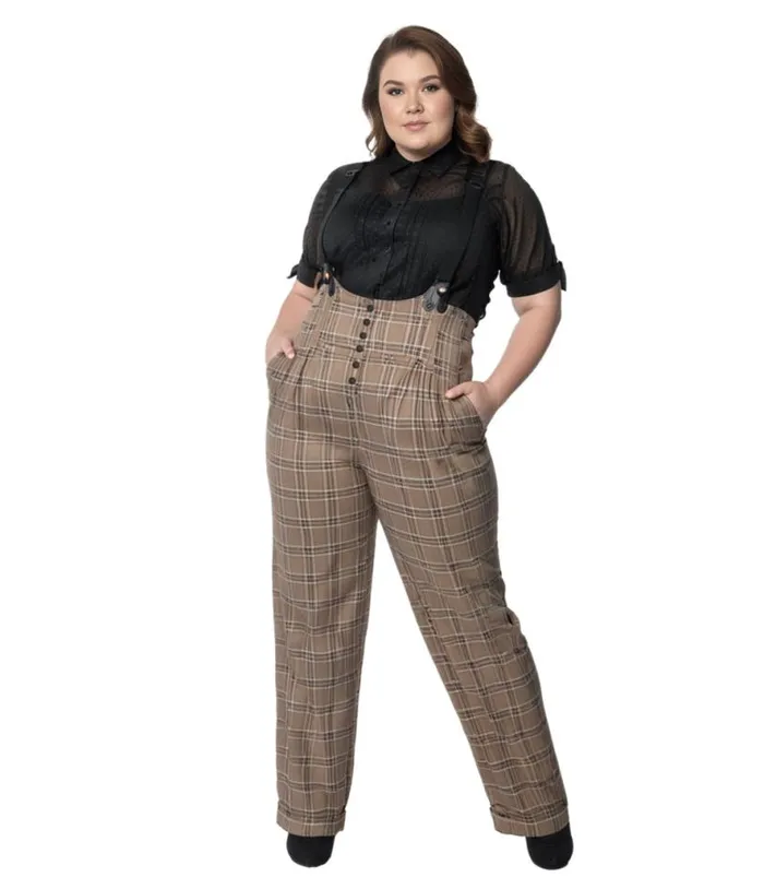 Plus Size 1930s Dark Beige Windowpane Thelma Suspender Pants ClothingPlus Unique Vintage Pants Plus Size 1930s Dark Beige Windowpane Thelma Suspender Pants ClothingPlus Unique Vintage Pants