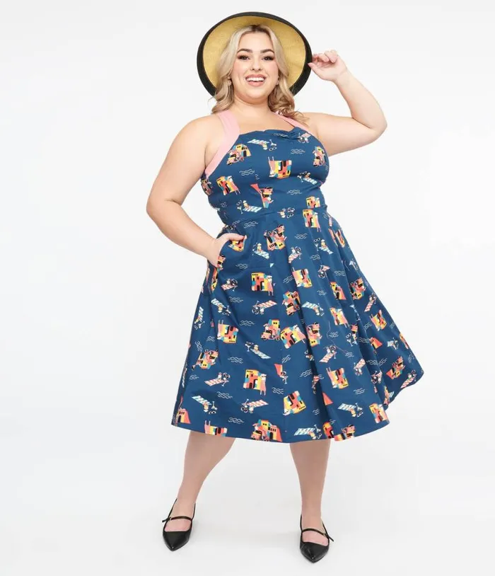 Plus Size 1950s Blue Cotton Portofino Living Print Swing Dress DressesPlus Unique Vintage Pocket Dresses Plus Size 1950s Blue Cotton Portofino Living Print Swing Dress DressesPlus Unique Vintage Pocket Dresses
