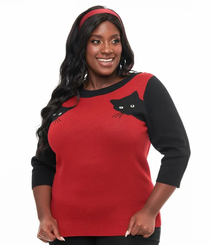 Plus Size 1950s Burgundy and Black Panther Sleeve Minou Sweater Clothing Unique Vintage Sweaters and Cardigans