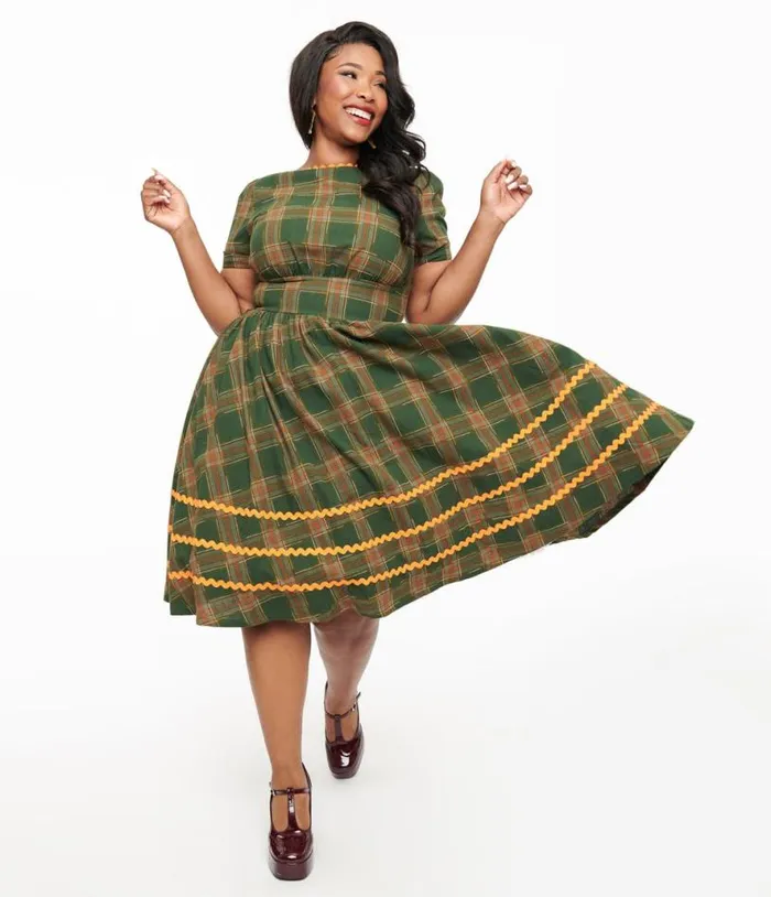 Plus Size 1950s Green Plaid Cotton Swing Dress DressesPlus Unique Vintage Swing Plus Size 1950s Green Plaid Cotton Swing Dress DressesPlus Unique Vintage Swing