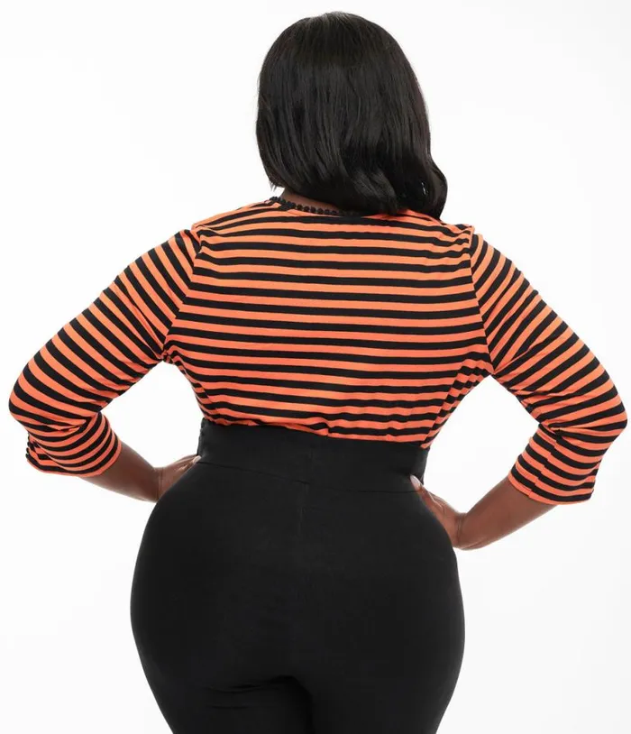 Plus Size 1950s Orange and Black Stripe Cutout Neck Tie Top Halloween Unique Vintage Tops