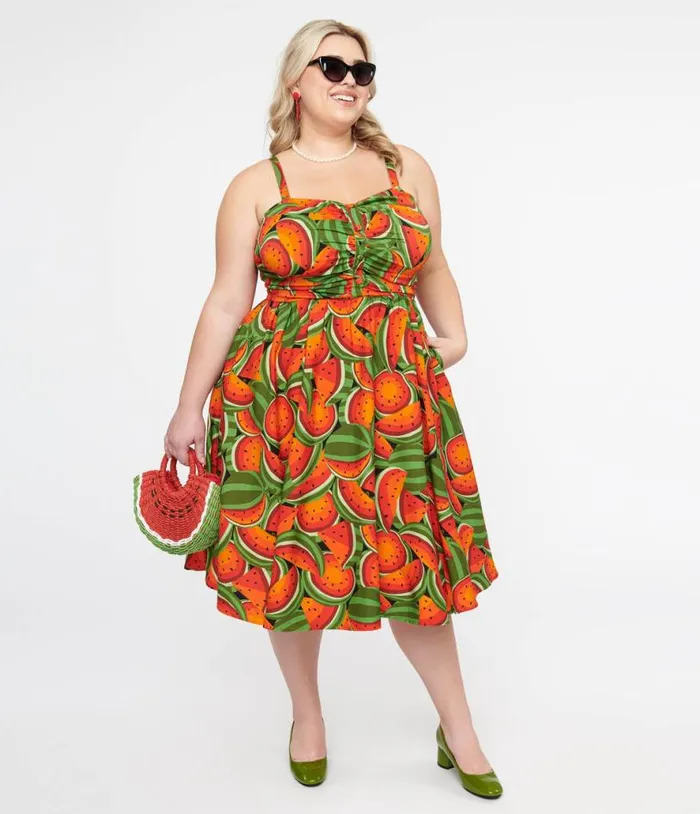 Plus Size 1950s Red and Green Watermelon Print Eden Fit and Flare Dress DressesPlus Unique Vintage Pocket Dresses