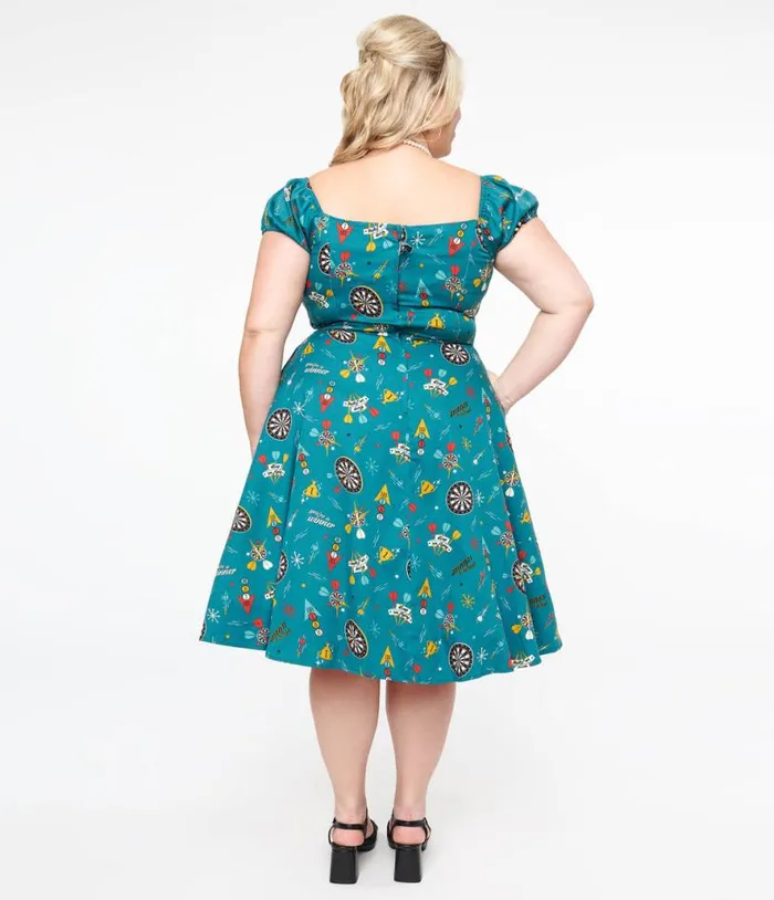 Plus Size 1950s Teal Dart Board Keep Em Flying Cotton Swing Dress DressesPlus Unique Vintage Pocket Dresses