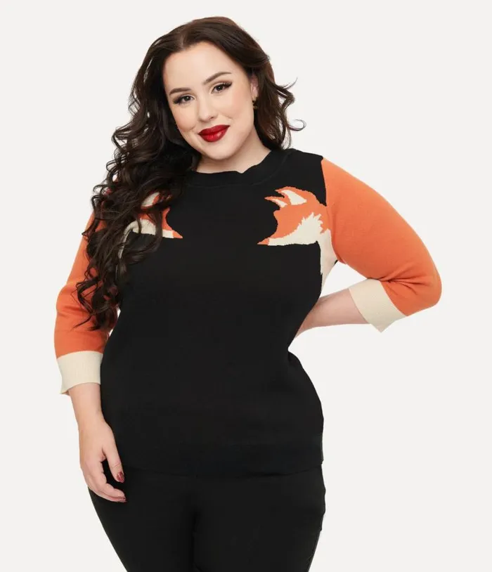 Plus Size Black and Orange Fox Sleeve Minou Sweater ClothingPlus Unique Vintage Sweaters and Cardigans