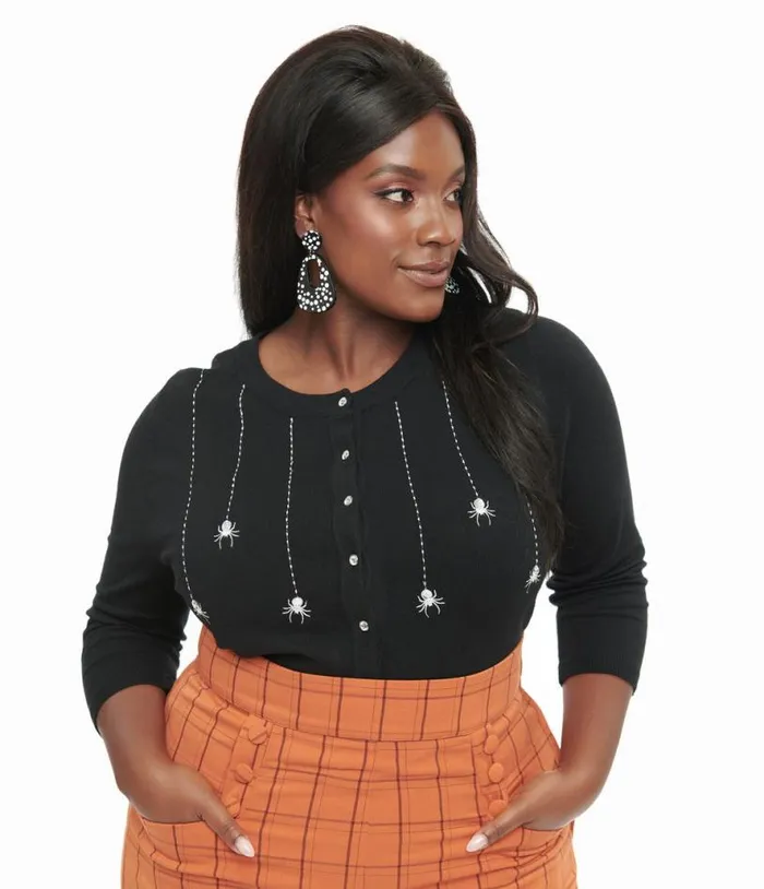 Plus Size Black and Spider Embroidered Bookworm Cardigan ClothingHalloween Unique Vintage Sweaters and Cardigans Plus Size Black and Spider Embroidered Bookworm Cardigan ClothingHalloween Unique Vintage Sweaters and Cardigans