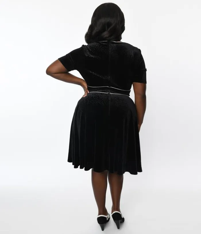 Plus Size Black Floral Embossed Velvet Bolero Flare Dress Dresses Unique Vintage Fit and Flare