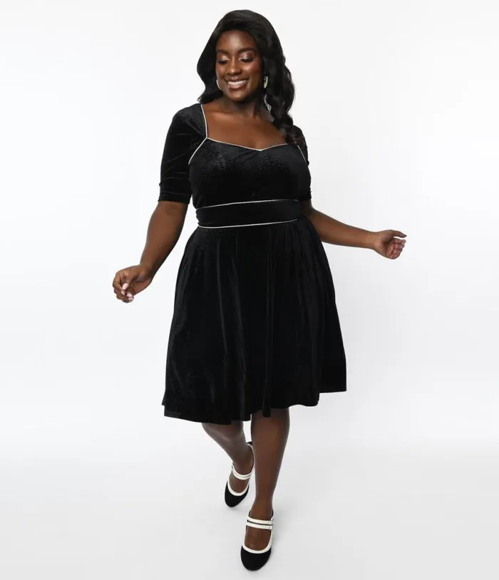 Plus Size Black Floral Embossed Velvet Bolero Flare Dress Dresses Unique Vintage Fit and Flare