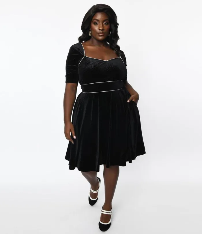 Plus Size Black Floral Embossed Velvet Bolero Flare Dress Dresses Unique Vintage Fit and Flare