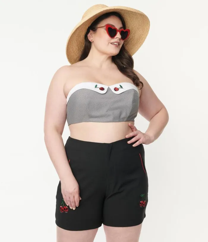 Plus Size Black Gingham and Cherry Skull Bandeau Crop Top Clothing Unique Vintage Blouses