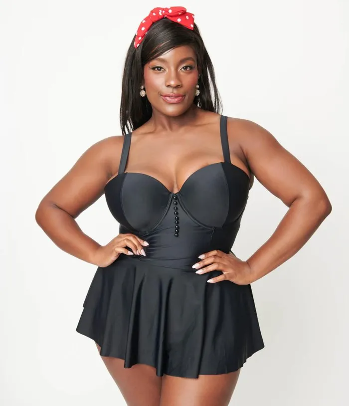 Plus Size Black Skirted One Piece Swimsuit Plus Unique Vintage One Piece Swim