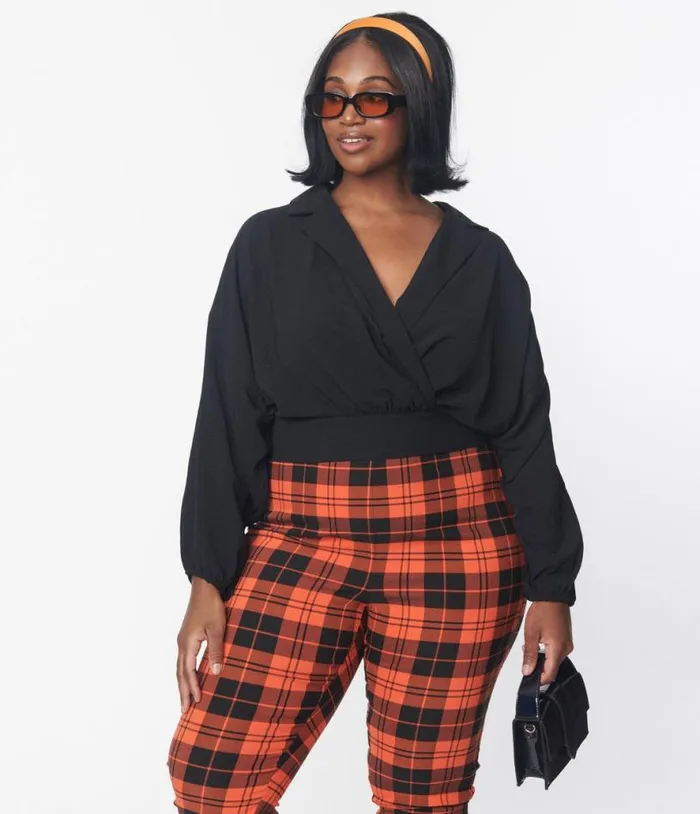 Plus Size Black Surplice Back Tie Top ClothingPlus Unique Vintage Blouses