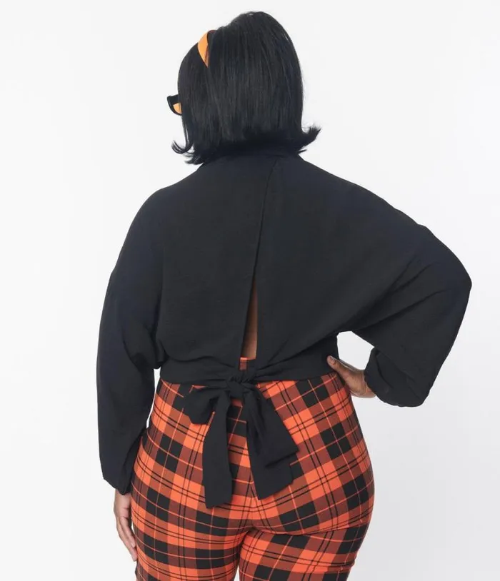Plus Size Black Surplice Back Tie Top ClothingPlus Unique Vintage Blouses