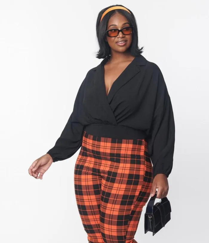 Plus Size Black Surplice Back Tie Top ClothingPlus Unique Vintage Blouses