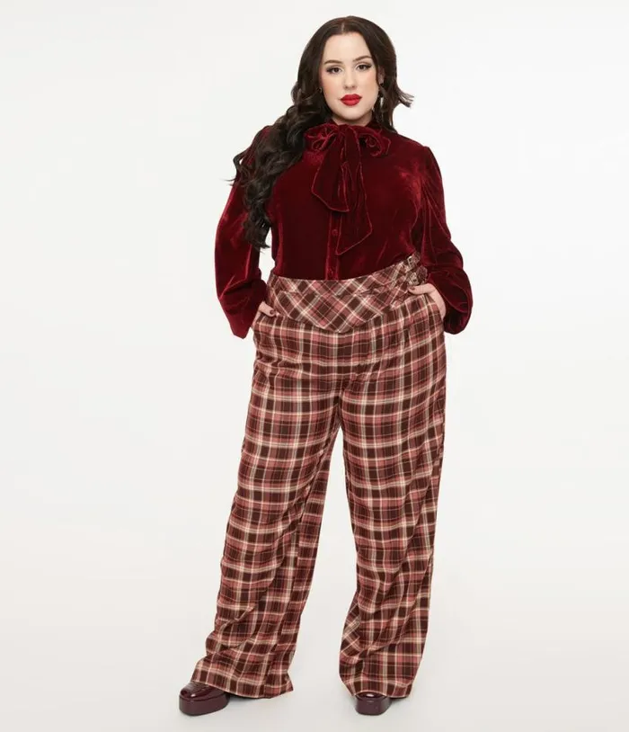 Plus Size Burgundy Plaid Double Belt Woven Pants ClothingPlus Unique Vintage Pants Plus Size Burgundy Plaid Double Belt Woven Pants ClothingPlus Unique Vintage Pants