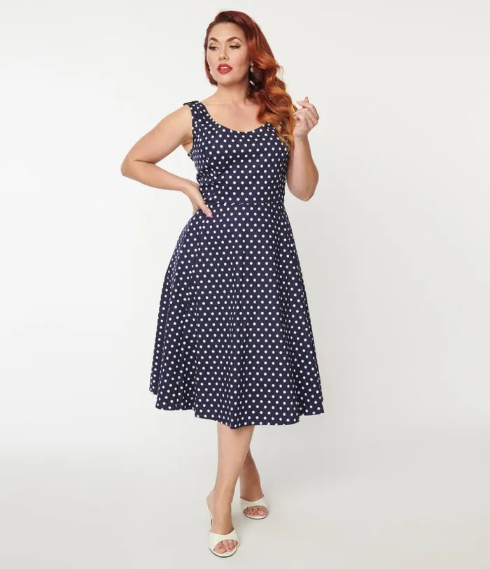 Plus Size Navy and White Polka Dot Swing Dress Dresses Unique Vintage Swing