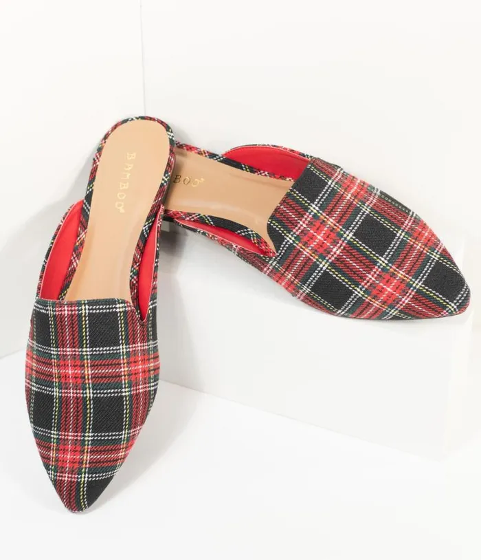 Red and Black Plaid Fabric Mules Shoes Unique Vintage Flats