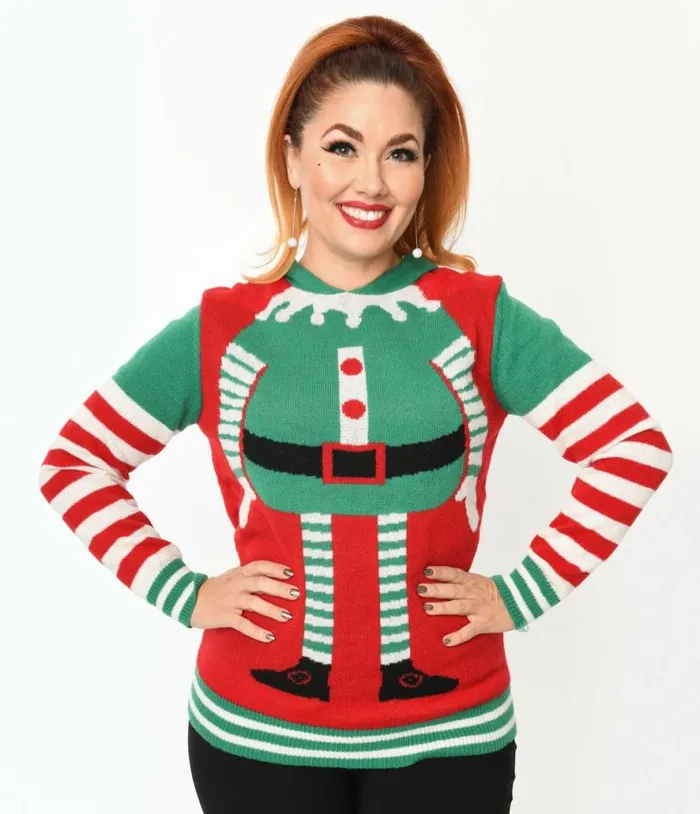 Red and Green Elf Hooded Holiday Sweater ClothingPlus Unique Vintage Sweaters and Cardigans