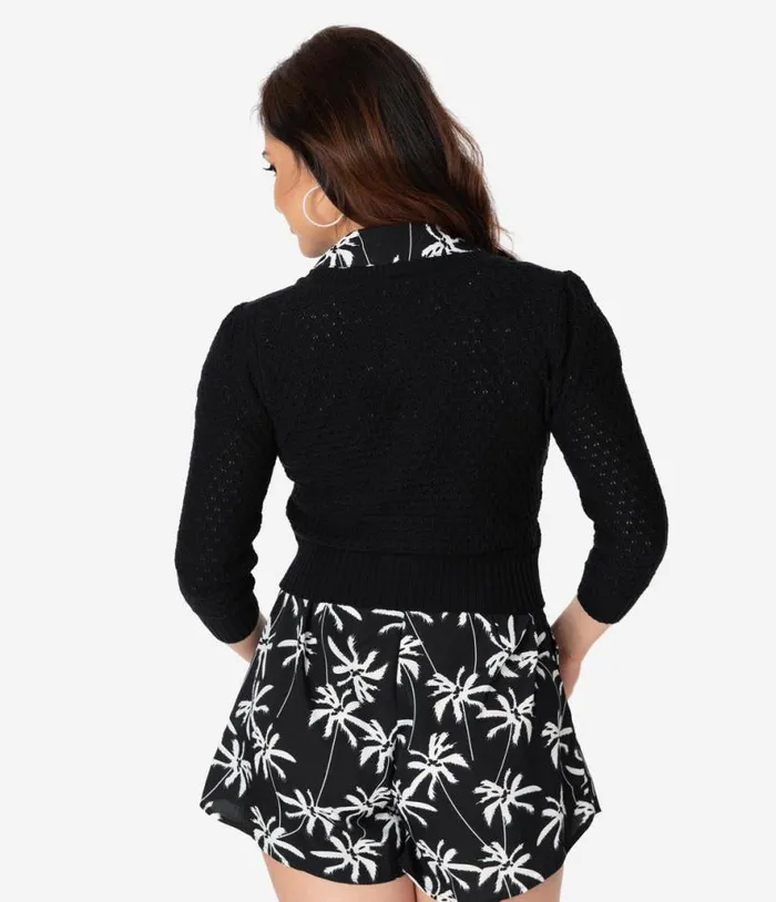 Retro Style Black Cotton Crochet Sleeved Button Cardigan Clothing Unique Vintage Sweaters and Cardigans
