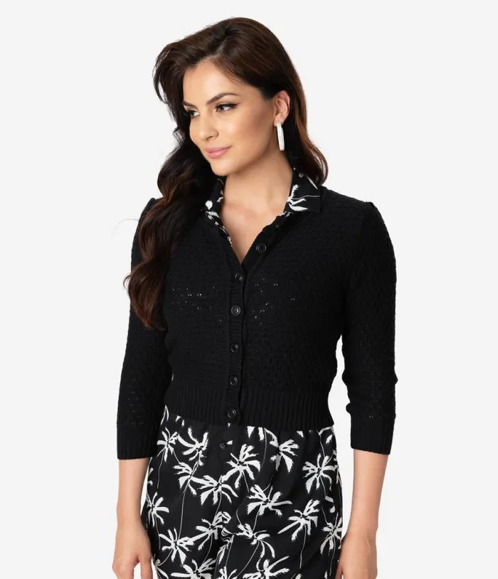 Retro Style Black Cotton Crochet Sleeved Button Cardigan Clothing Unique Vintage Sweaters and Cardigans
