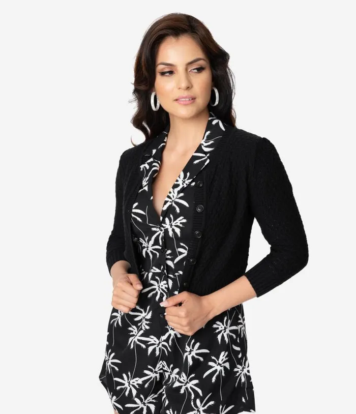 Retro Style Black Cotton Crochet Sleeved Button Cardigan Clothing Unique Vintage Sweaters and Cardigans