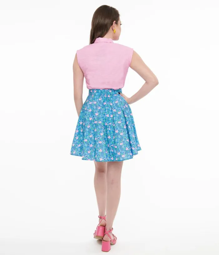 Retrolicious 1950s Blue and Pink Flamingo Print Cotton Skater Skirt DressesClothing Unique Vintage Skirts