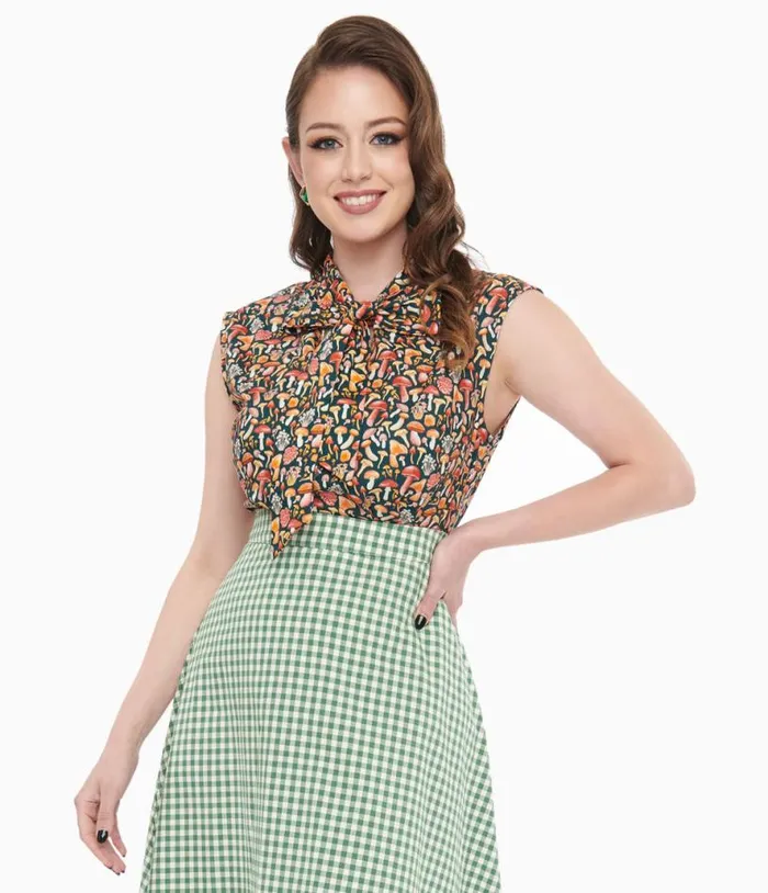 Retrolicious 1950s Forest Green Mushroom Print Cotton Bow Top Clothing Unique Vintage Blouses
