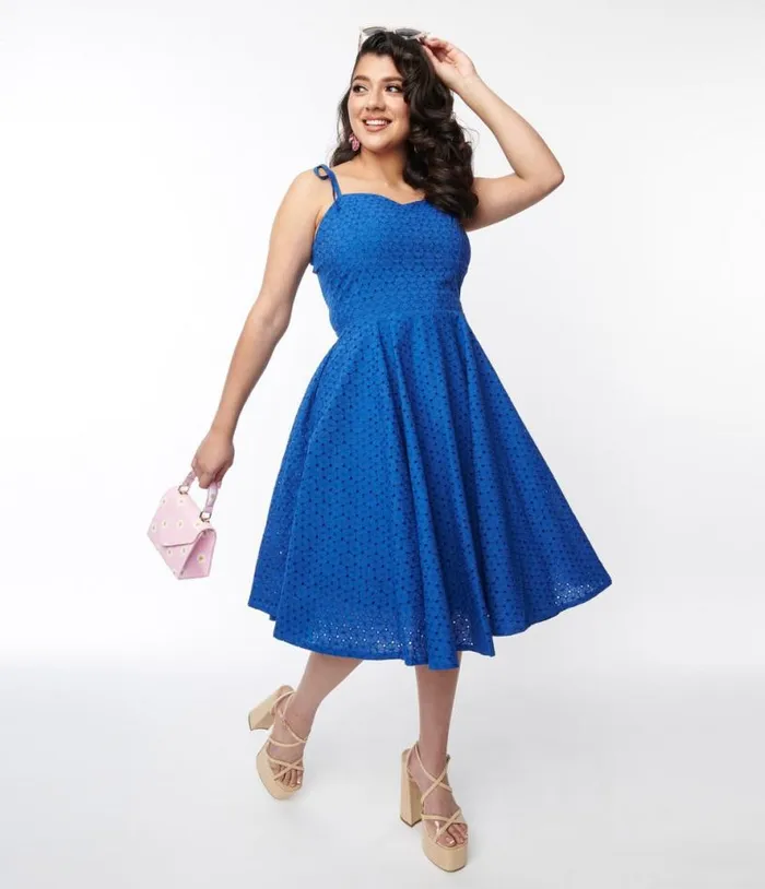 Royal Blue Eyelet Swing Sundress DressesPlus Unique Vintage Pocket Dresses