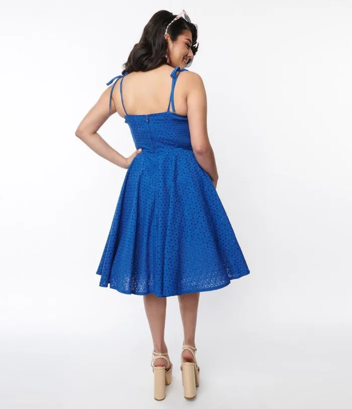 Royal Blue Eyelet Swing Sundress DressesPlus Unique Vintage Pocket Dresses