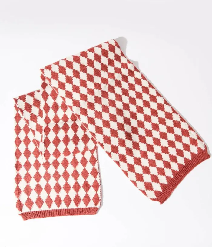 Rust and Ivory Checkered Diamond Scarf Accessories Unique Vintage Gloves and Scarves