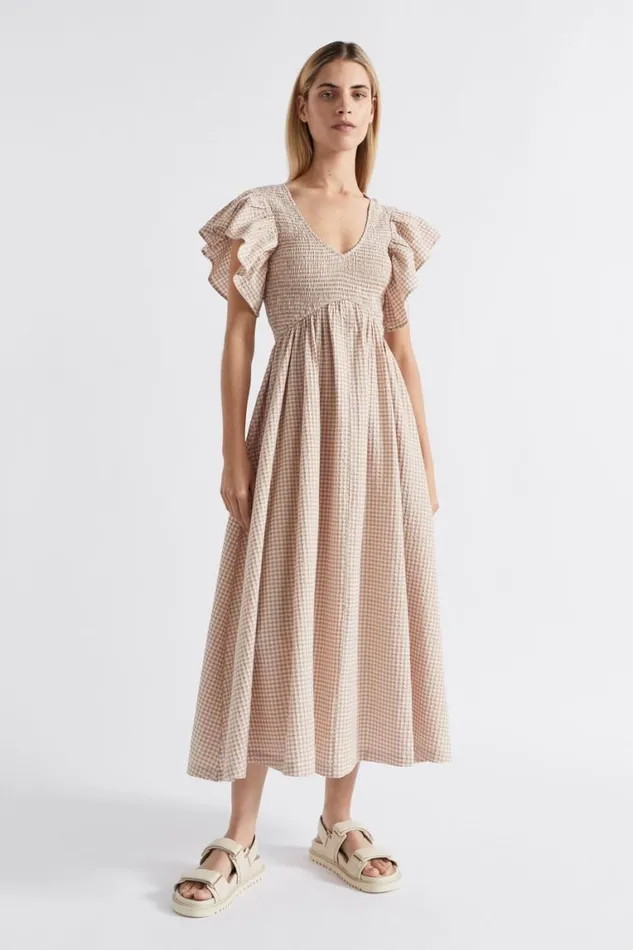 Seed Heritage Dresses Textured Gingham Shirred Midi Dress Cookie Gingham 8211 Woman