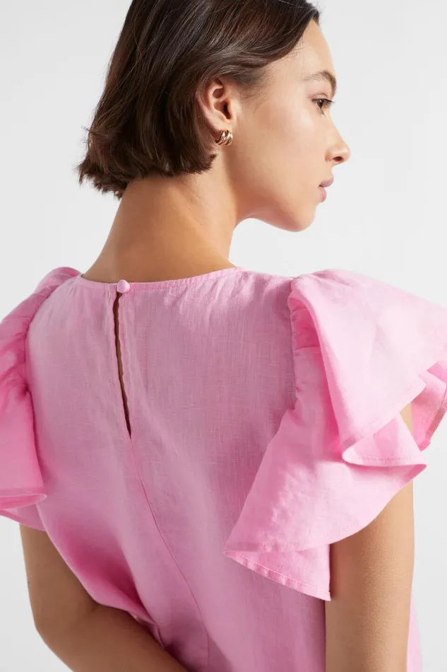 Seed Heritage Linen Core Linen Frill Sleeve Mini Dress Pink Gin 8211 Woman