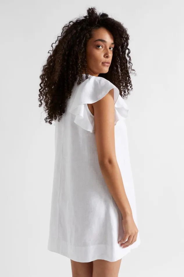 Seed Heritage Linen Core Linen Frill Sleeve Mini Dress Whisper White 8211 Woman