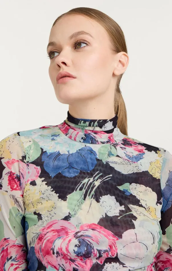 Shop Wildwood Flower Shirred Mesh Turtleneck Black Multi Cinq Sept Long Sleeve Tops