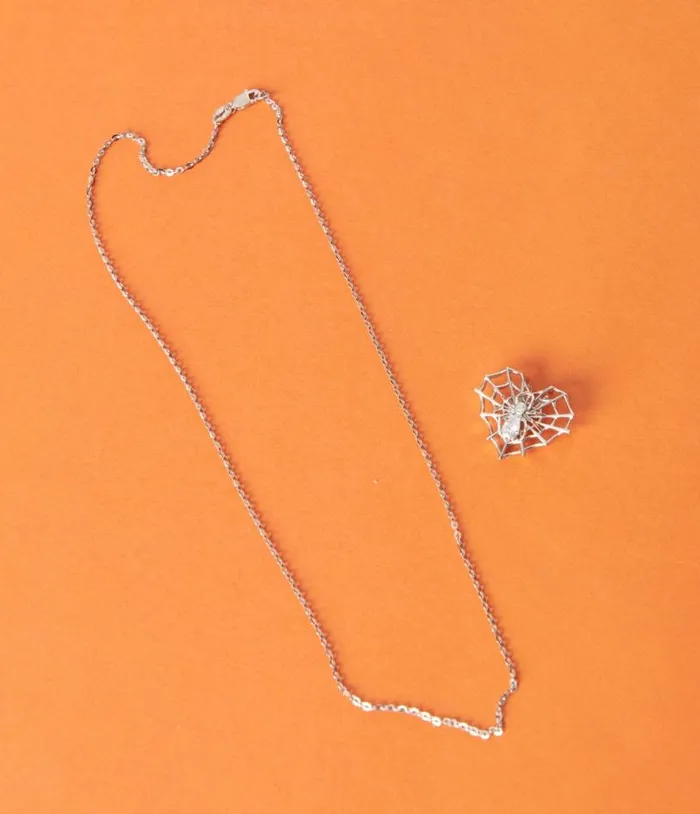 Silver Rhinestone Spider Love Necklace AccessoriesHalloween Unique Vintage Accessories