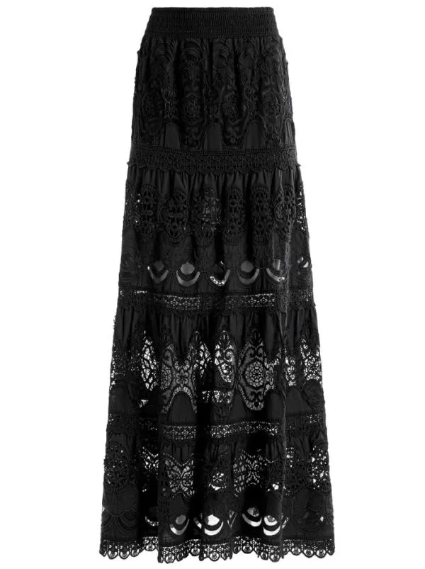 Skirts Women Alice Olivia CALI EMBROIDERED TIERED MAXI SKIRT Black