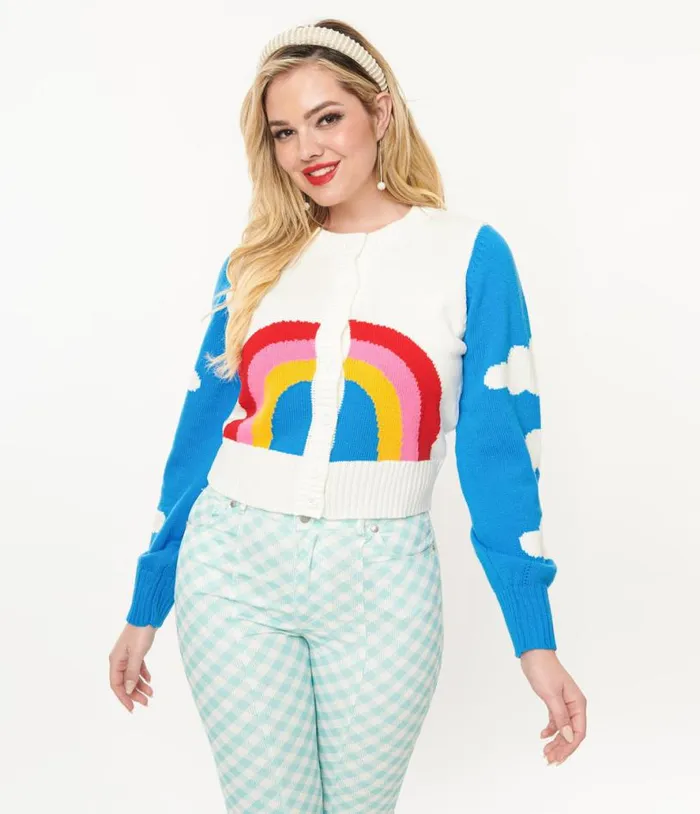 Smak Parlour 1960s Blue and Rainbow Clouds Cardigan Clothing Unique Vintage Sweaters and Cardigans