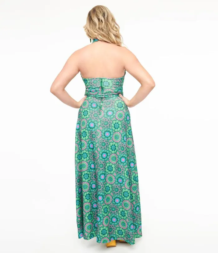 Smak Parlour 1960s Emerald Floral Halter Maxi Dress Dresses Unique Vintage Maxi