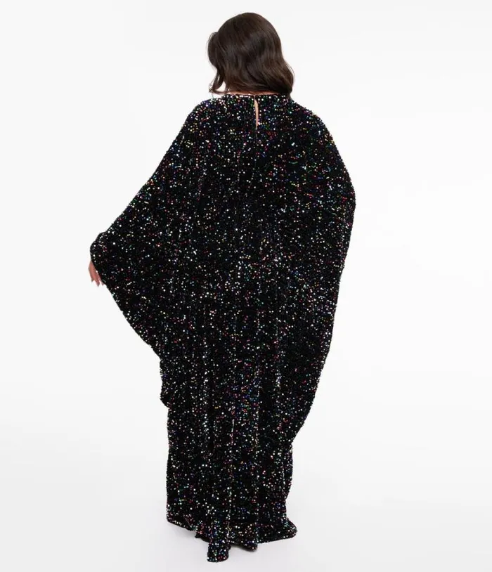 Smak Parlour 1970s Black and Multicolor Sequin Batwing Caftan DressesPlus Unique Vintage Maxi