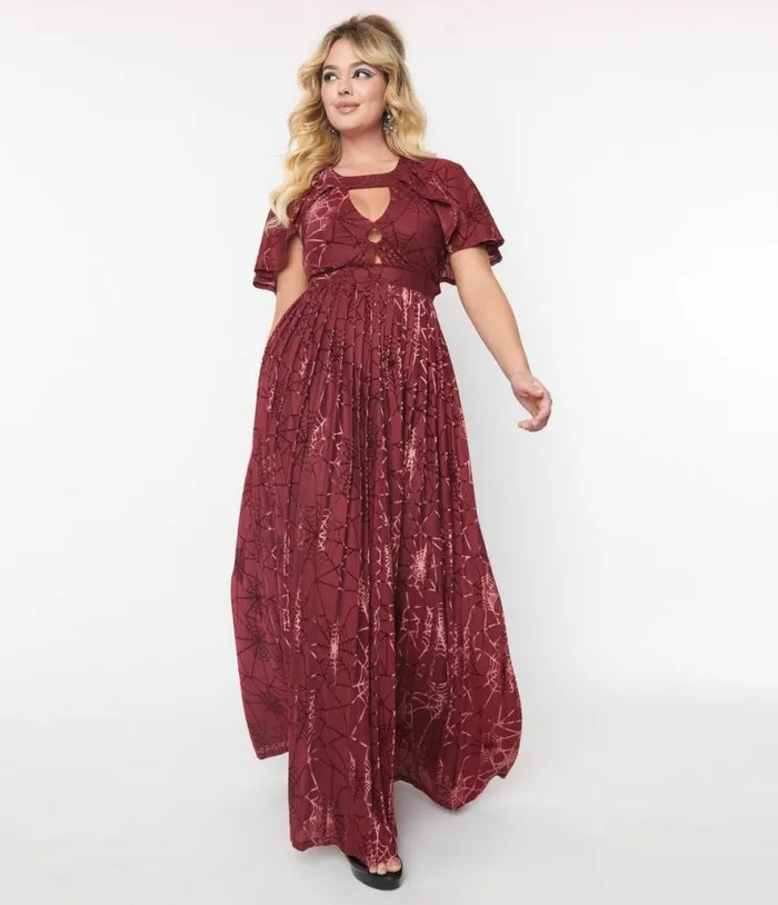 Smak Parlour 1970s Burgundy and Velvet Spiderweb Cape Maxi Dress Halloween Unique Vintage Dresses