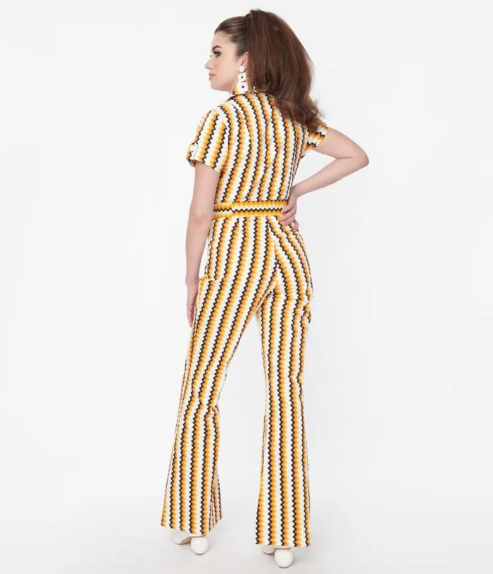 Smak Parlour 1970s Candy Corn Zig Zag Stripe Flare Jumpsuit DressesClothingHalloweenPlus Unique Vintage Pocket Dresses