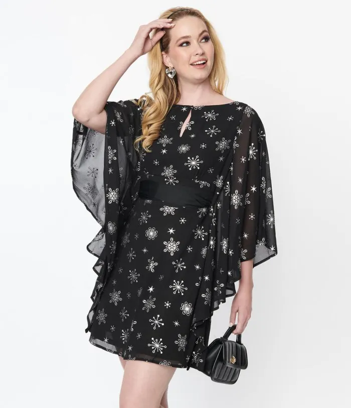 Smak Parlour Black and Silver Snowflake Social Climber Caftan DressesPlus Unique Vintage Caftans