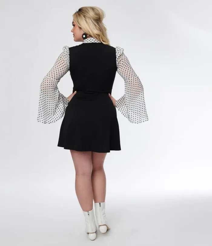 Smak Parlour Black and White Polka Dot Bell Sleeve Flare Dress Dresses Unique Vintage Fit and Flare