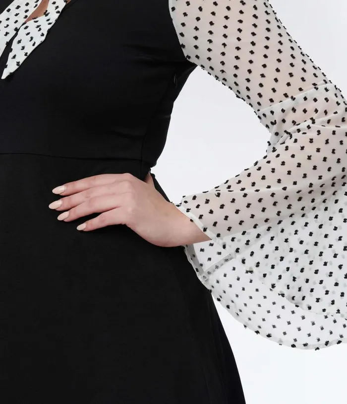 Smak Parlour Black and White Polka Dot Bell Sleeve Flare Dress Dresses Unique Vintage Fit and Flare