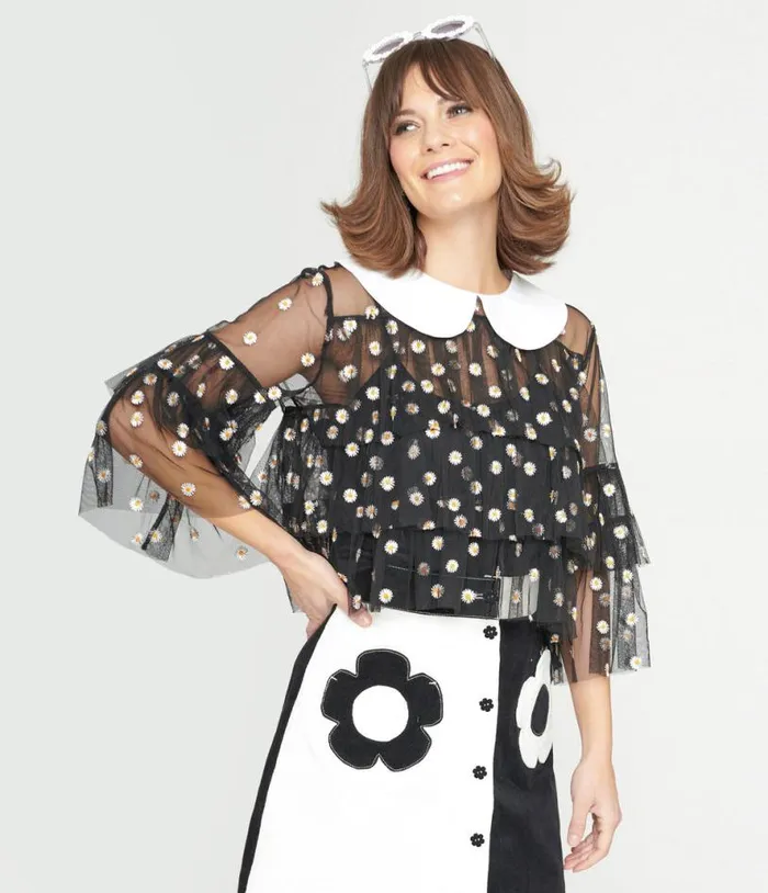Smak Parlour Black Daisy Mesh Ruffle Top Clothing Unique Vintage Blouses