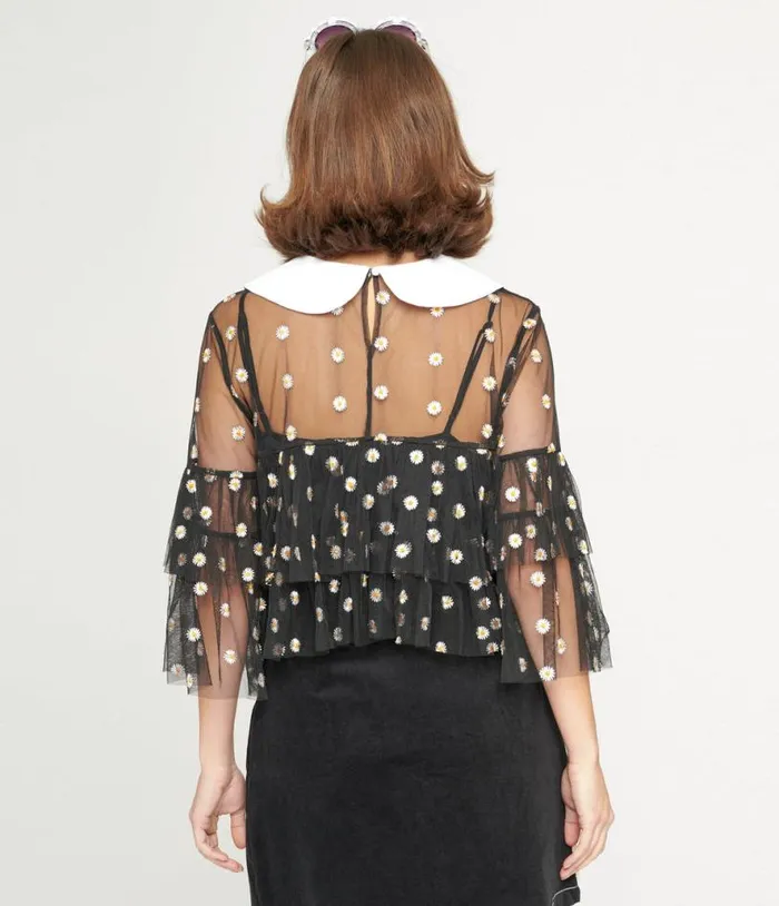 Smak Parlour Black Daisy Mesh Ruffle Top Clothing Unique Vintage Blouses