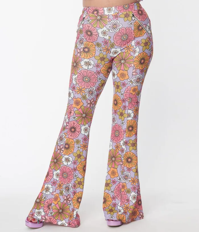 Smak Parlour Lavender Retro Bloom Zipper Pocket Flare Pants Clothing Unique Vintage Pants
