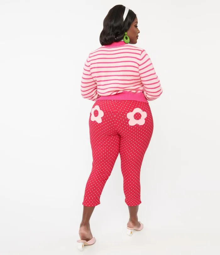 Smak Parlour Plus Size Hot Pink Pin Dot Daisy Pocket Smarty Pants Capri ClothingPlus Unique Vintage Pants