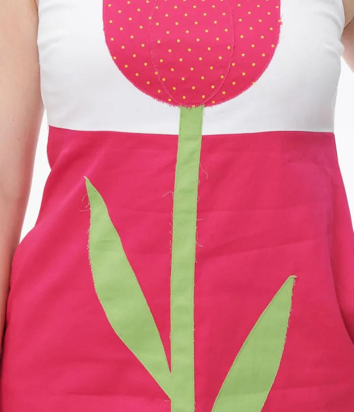 Smak Parlour Retro Style White and Pink Tulip Flower Power Shift Dress Dresses Unique Vintage Pocket Dresses