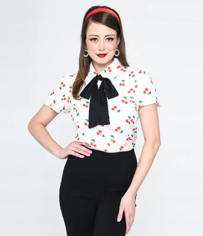 Smak Parlour White and Cherries Power Play Blouse Clothing Unique Vintage Blouses Smak Parlour White and Cherries Power Play Blouse Clothing Unique Vintage Blouses