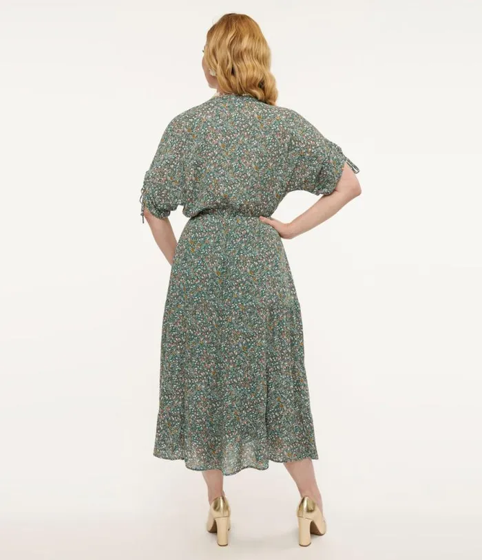Teal Floral Midi Dress Dresses Unique Vintage Midi